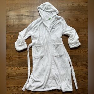 White Hooded Bathrobe with Embroidered Logo—One Size